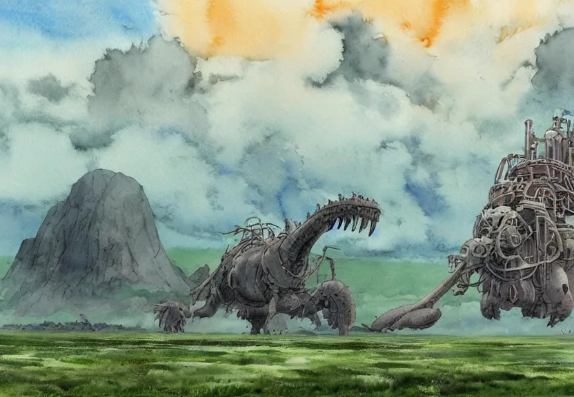 Image similar to a hyperrealist watercolor concept art from a studio ghibli film showing a giant grey mechanized prehistoric beast from howl's moving castle ( 2 0 0 4 ). stonehenge is under construction in the background, in the rainforest on a misty and starry night. by studio ghibli. very dull muted colors