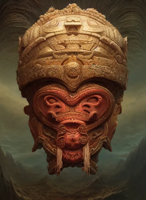 Image similar to Helmet of a forgotten Mayan Deity, ivory, corals, extremly detailed digital painting, in the style of Tomasz Alen Kopera and Fenghua Zhong and Peter Mohrbacher, mystical colors, rim light, beautiful lighting, 8k, stunning scene, raytracing, octane, trending on artstation