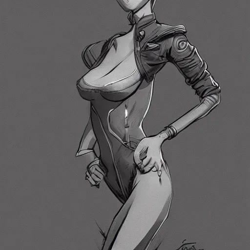 Image similar to concept art character, very high angle view, book cover, very attractive woman with full lips, slender figure, , walking in cyberpunk valley highly detailed full body, royalty, smooth, sharp focus, organic, appealing, book cover, deep shadows, bartwork by James Gilleard sketch lineart for character design