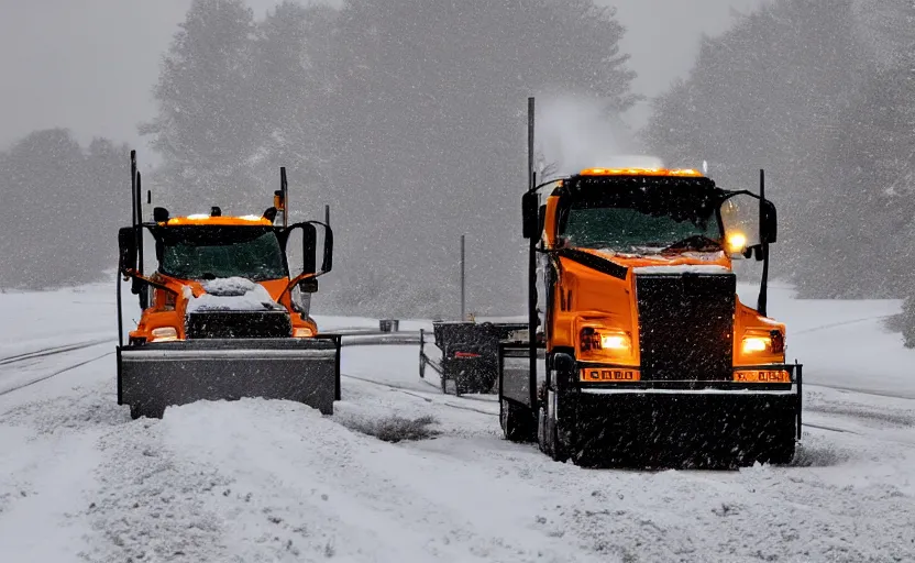 Image similar to A Snowplow with headlines on driving through a snowy landscape with thick snow, blizzard!!, heavy snow falling, digital artwork, high resolution, high detail