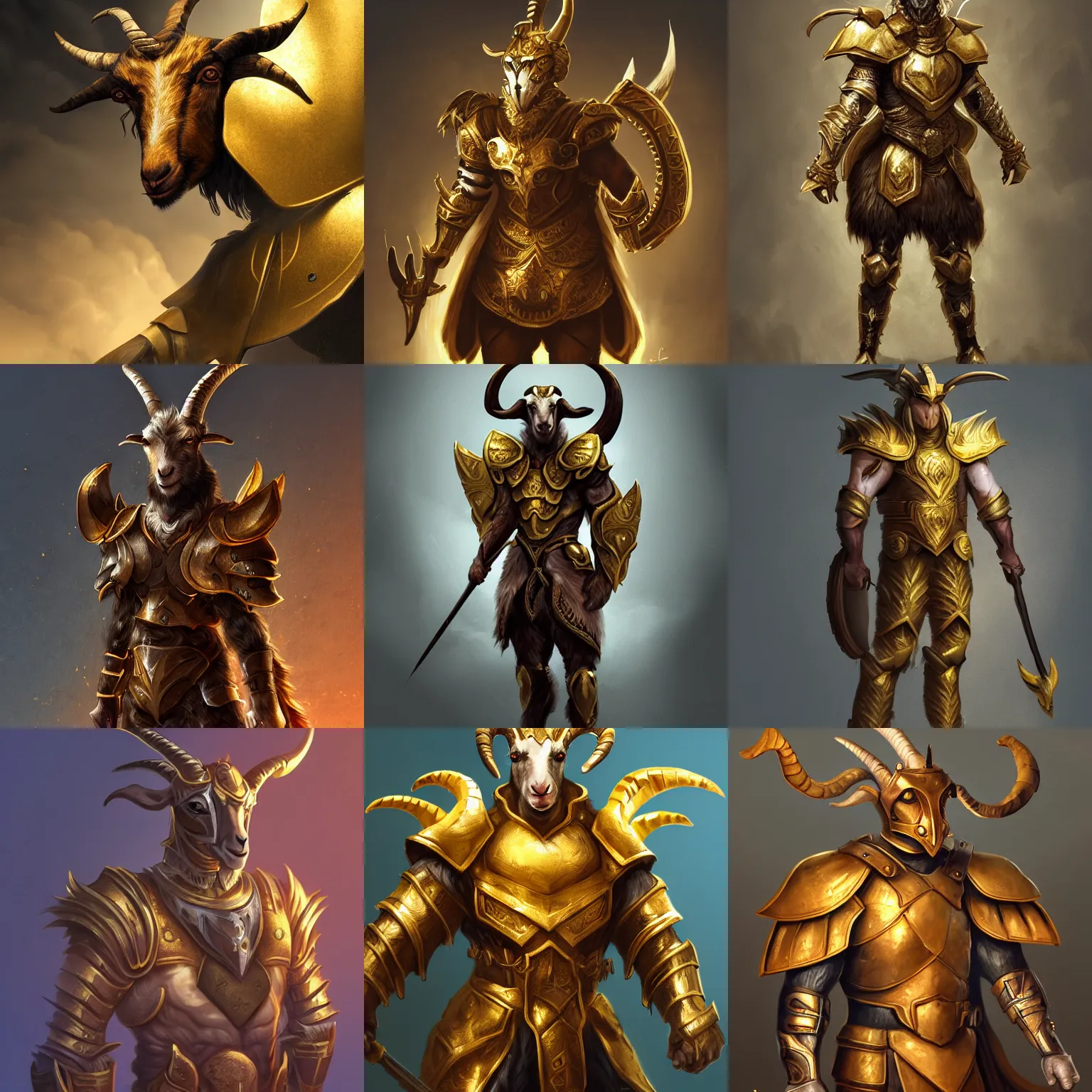 Prompt: detailed concept art of a goat warrior in golden armor, artstation, 8 k, dramatic lighting