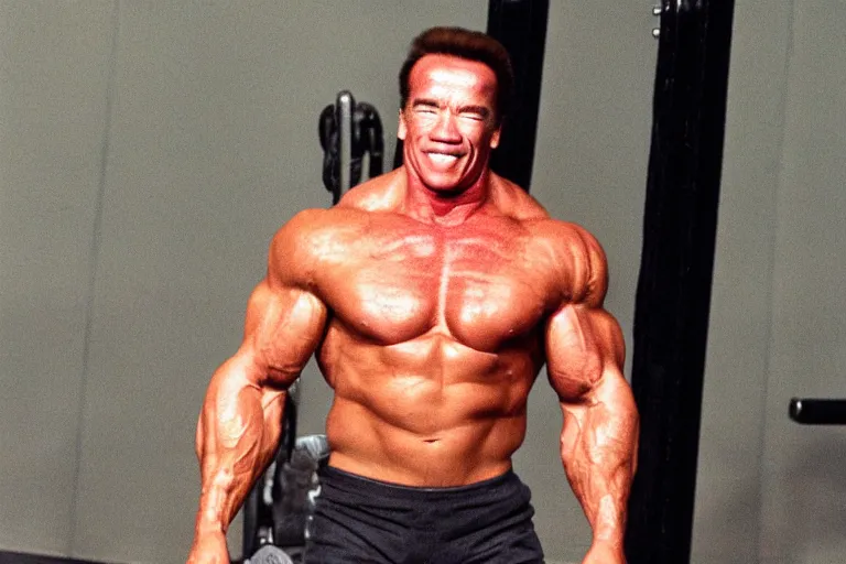 Image similar to arnold schwarzenegger with tiny shriveled arms