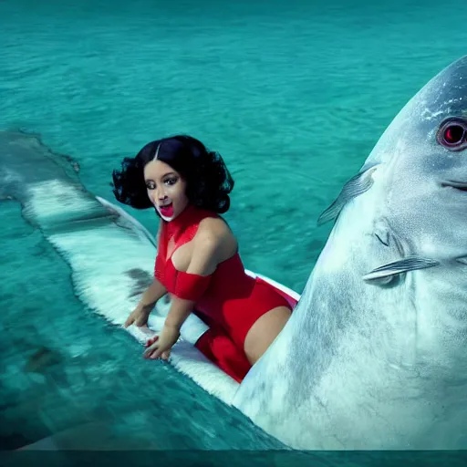 Image similar to cinematic shot of Cardi B riding on the back of a giant tuna fish in the ocean, bright lighting, 8k, very intricate, very detailed,