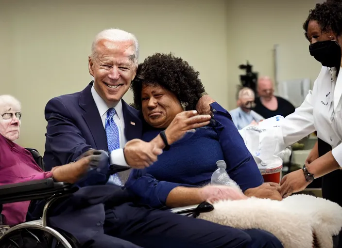 Image similar to Biden in a wheelchair getting spoon-fed by obese black woman, nursing home, award winning cinematic photography, 50 mm, blurred background, trending on twitter