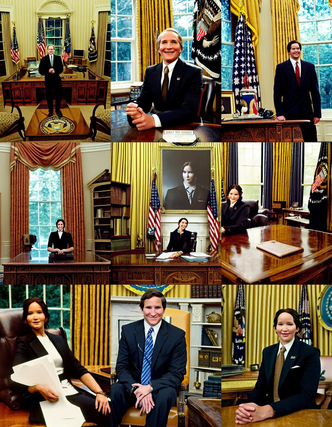 Prompt: katniss everdeen as the president of the united states, wearing a suit and tie, smiling for the camera, in the oval office, photography by steve mccurry