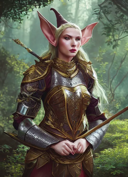 Image similar to Beautiful art portrait of a female fantasy elf noble in plate armour in a bright temple surrounded by lush forest, atmospheric lighting, intricate detail, cgsociety, hyperrealistic, octane render, RPG portrait, ambient light, dynamic lighting