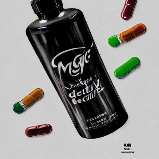 Prompt: concept art of magic dietary supplement in a transparent modern rounded bottle filled with white liquid, black top, by gil elvgren, white tones, white background, digital painting, artstation, concept art, smooth, sharp foccus ilustration hq