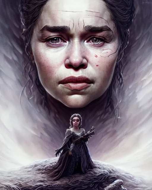 Image similar to emilia clarke, character portrait, portrait, close up, concept art, intricate details, highly detailed by greg rutkowski, michael whelan and gustave dore