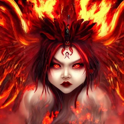 Prompt: stunning female demon surrounded in fire, korean, buddhist, naraka otherworldly rising from the fire, crystal amber eyes, wings, very detailed face, smile, monster teeth covered in red, dark and mysterious, full body, rococo, cinematic, epic, 4 k very detailed, trending in artstation