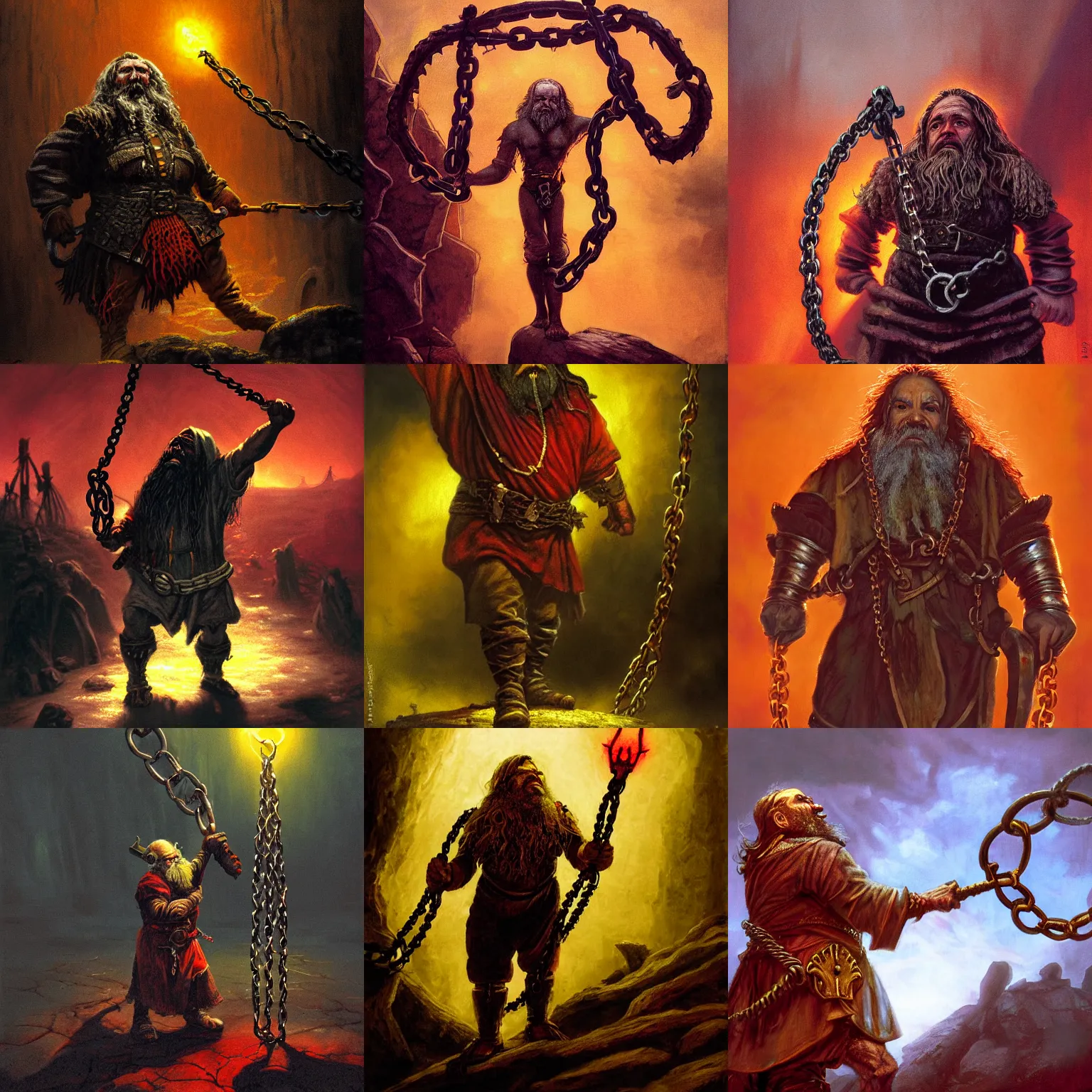 Prompt: A somber painting of a dwarf slaver holding the chains of a defiant slave, dark fantasy, nightmare, art by Ted Nasmith and James Gurney, fantasy illustration dramatic lighting with red and yellow gradient, cinematic, establishing shot, extremely high detail, photorealistic