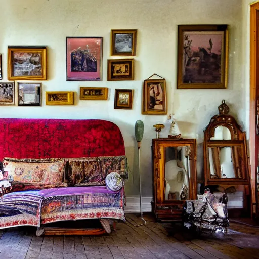 Image similar to A large very dark kitsch filled parlor is dimly lit by a morning sunbeam coming through a window, dust floats in the air, plain walls have slightly cracked with time, a single photo with a broken frame hangs crooked on the wall, a small tattered Persian rug with muted colors is on the floor, a child\'s red but very dusty wagon is in the corner of the room motionless, a ceiling fan with an old draw cord is off, cinematic, vignette, ultrarealistic, super high resolution, photograph, still, serene, low energy, 4K, lighting study