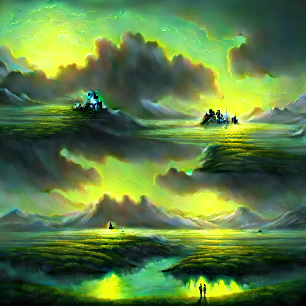 Prompt: a beautiful surreal landscape digital art of the loktak lake, in the style of dan mumford and Ivan Aivazovsky, in the background a futuristic cyberpunk city with lit windows is seen.