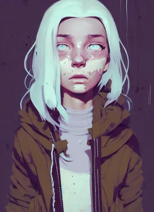 Image similar to highly detailed portrait of a sewer punk swedish young lady, hoodie, white hair by atey ghailan, by greg rutkowski, by greg tocchini, by james gilleard, by joe fenton, by kaethe butcher, gradient light blue, blonde, brown, cream and white color scheme, grunge aesthetic!!! ( ( graffiti tag wall background ) )