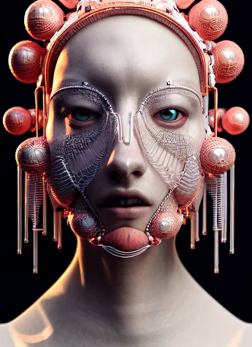 Prompt: portrait of an absurdly beautiful, graceful, sophisticated, fashionable cyberpunk mechanoid, hyperdetailed illustration by irakli nadar and alexandre ferra, intricate linework, white porcelain skin, faberge, coral headdress, octane render, gsociety, global illumination, radiant light, detailed and intricate environment