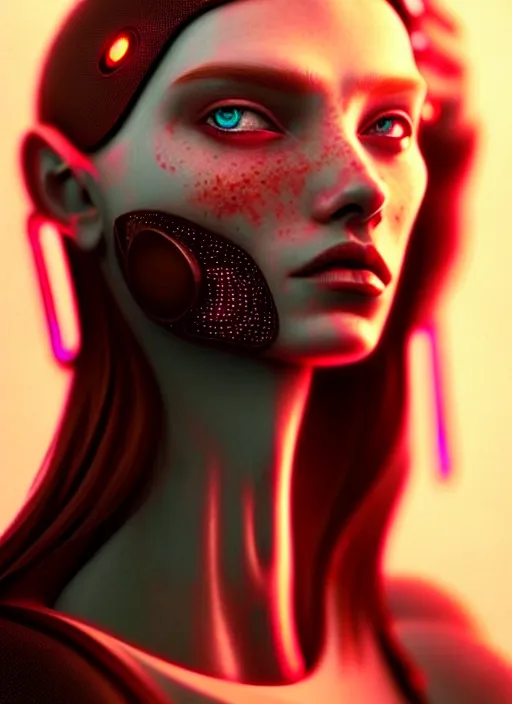 Image similar to sensual caucasian female humanoid with freckles, by loish, d & d, fantasy, cyber neon lighting, futurism, intricate futuristic jewelry accessories, cyberpunk high fashion, profile posing, hyper photorealistic, digital photography, artstation, pinterest, concept art, art by pascal blanche and greg rutkowski,