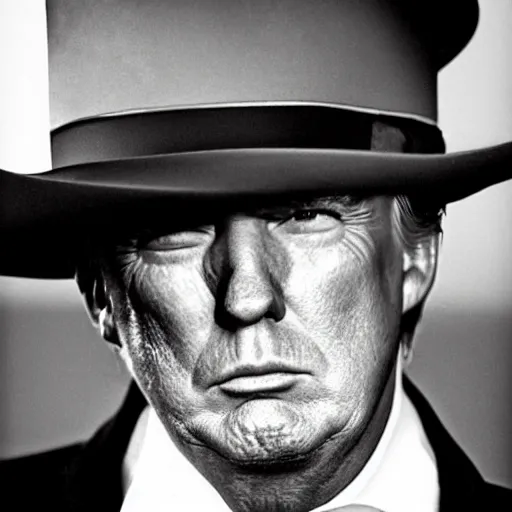 Prompt: an 1 8 0 0 s photo of donald trump playing the role of clint eastwood, squinting at high noon, in the style of a clint eastwood movie, the good, the bad and the ugly, clint eastwood, vibe, donald trump, glory days, mount rushmore, justice, american flag, independence, patriotism, apple pie, black and white, artgerm