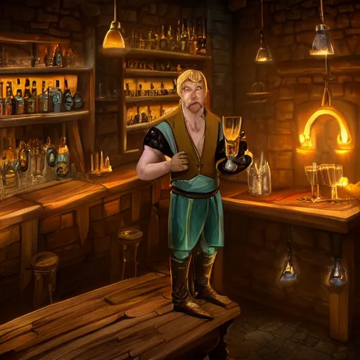 Image similar to barkeep tavern blonde short hair middle age man ultra detailed fantasy, elden ring, realistic, dnd character portrait, full body, dnd, rpg, lotr game design fanart by concept art, behance hd, artstation, deviantart, global illumination radiating a glowing aura global illumination ray tracing hdr render in unreal engine 5