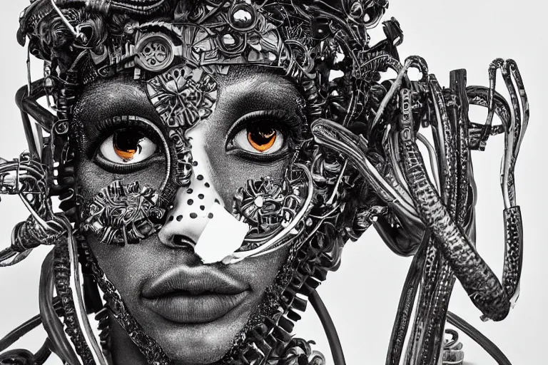 Image similar to stunning Rococopunk man_integrating_with_technology_full_face_insipiring_detailed_intricate_ornate_cables_connected_to_head_big_open_electric_eyes_ by Hironaka, Harumi