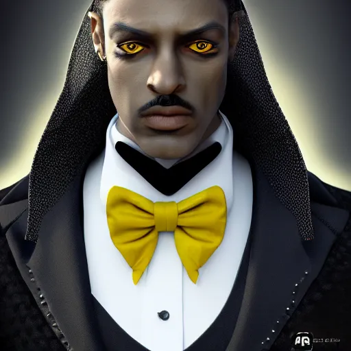 Image similar to a highly detailed portrait of a man in a high top hat covering his face, in a black tailcoat with a yellow waistcoat under the tailcoat, artstation, deviantart, professional, unreal engine 5, photorealistic