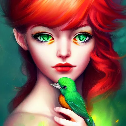 Image similar to a beautiful stunning fantasy whimsical matte digital portrait illustration of a pretty womam with bright green eyes and fiery red hair with a green bird on her shoulder, in the style of Ross Tran, trending on artstation, contest winner