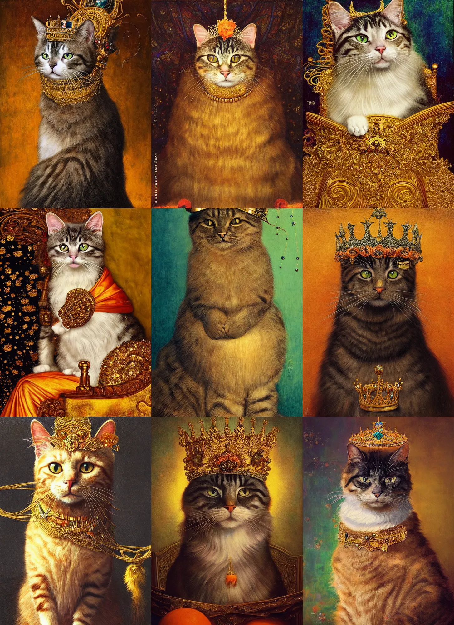 Prompt: “A majestic portrait of a cat wearing a crown, on a throne made of string, titian, Tom Bagshaw, Sam Spratt, maxfield parrish, gustav klimt, high detail, 8k, holy light rays, intricate vibrant iridescent colors, orange and gold”