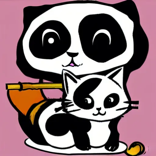 Image similar to kids drawning of a cute kitten with panda body and cat face, in a kimono, holds a sword