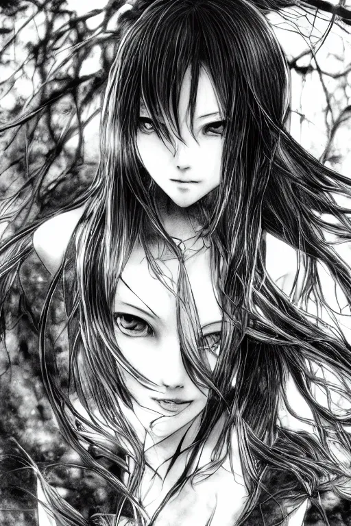 Image similar to a portrait of a character in a scenic environment by Yoshitaka Amano, black and white, dreamy, dark eyes, wavy silver hair, highly detailed