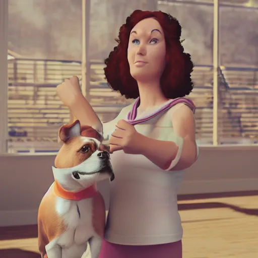 Image similar to still of woman working on her dog's clothing line, disney, comic book style, the dog is doing a ballet dance, highly detailed, 8k resolution, octane renderer