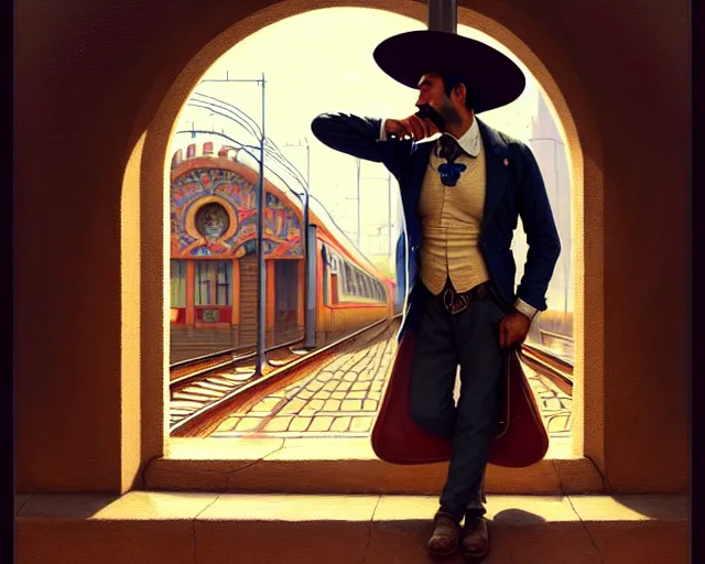 Prompt: a mexican man with hat drinking a beer on train station, fantasy, intricate, elegant, highly detailed, digital painting, artstation, concept art, matte, sharp focus, illustration, art by aenaluck and roberto ferri and greg rutkowski, epic