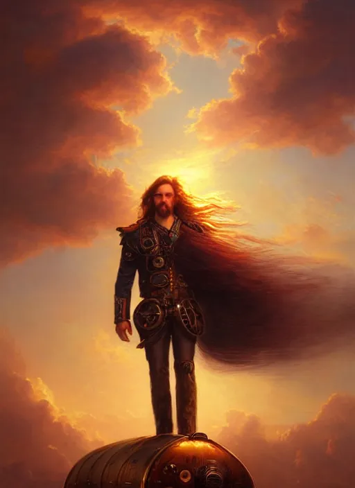 Image similar to portrait painting of a handsome face rugged long hair crimson hair male captain, top half portrait soft hair steampunk ornate mechanical zeppelin blimp airship in the background sky sunset golden hour fantasy soft hair deviantart book cover art dramatic volumetric lighting art by wlop greg rutkowski gaston bussiere