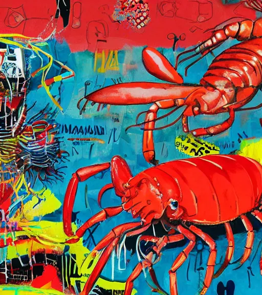 Prompt: acrylic painting of a bizarre nightmare lobster in front of an aquarium in tokyo, mixed media collage by basquiat and jackson pollock, maximalist magazine collage art, retro psychedelic illustration