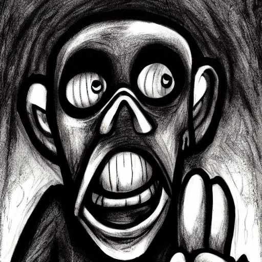 Image similar to a scary horror themed goofy-janitor, drawn with charcoal and pen and ink, half-tone-line-stacking