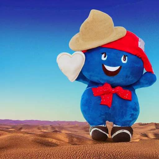 Image similar to blue'snappy gifts'human - sized plush doll, looking at the camera, in the desert, holding gift, happy atmosphere, high detail, 8 k