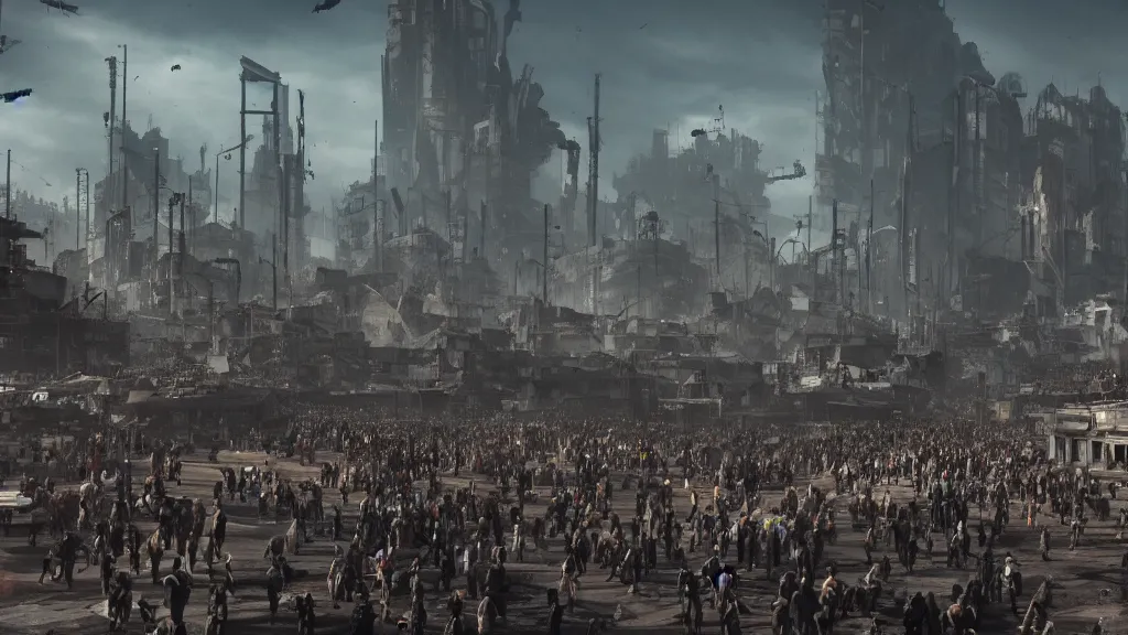 Prompt: low angle shot of a horde of people in a post-apocalyptic city, rich contrast, thousands of spaceships flying in background, hyperrealistic, Cryengine 8k UHD