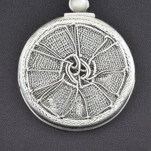 Prompt: Silver embroidered baldurs-gates amulet, realistic, clean,