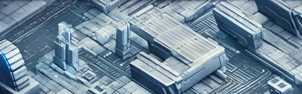 Image similar to an immaculate isometric octane redshift rendering of a futuristic city. ambient occlusion. volumetric lighting.