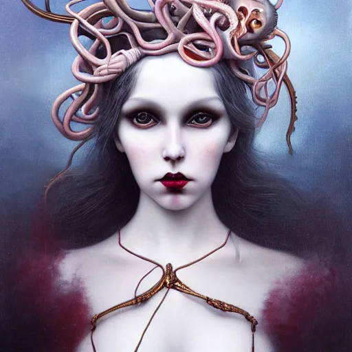 Image similar to By Tom Bagshaw, ultra realist soft painting of a curiosities carnival by night, beautiful dark eyed evil porcelain doll in full multiples tentacles dress, symmetry accurate features, very intricate details, omnious sky, black and white, volumetric light clouds