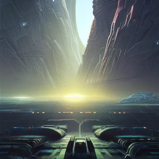 Image similar to Alien city in the distance, alien landscape, science fiction, intricate, futuristic, exotic, epic, digital painting, cinematic lighting, sharp, insanely detailed, concept art, artstation, cgsociety, by Vincent Di Fate, Jim Burns
