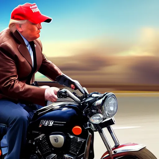 Image similar to donald trump riding motorcycle, hd photo, 4k, hyper realistic