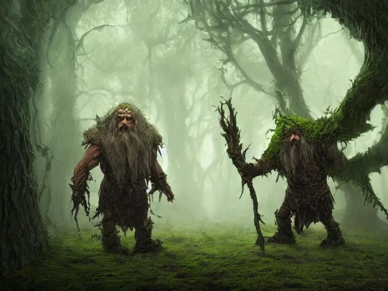 Prompt: Scared High Fantasy Dwarf Druid runs through Haunted Swamp, RPG Portrait Reference, Oil Painting, Trending on Artstation, octane render, Insanely Detailed, 8k, HD