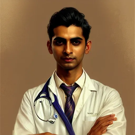 Image similar to Anxious good looking pale young Indian doctors wearing American clothes at the airport, portrait, elegant, intricate, digital painting, artstation, concept art, smooth, sharp focus, illustration, art by artgerm and greg rutkowski and alphonse mucha