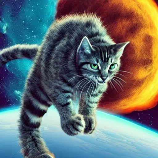 Image similar to ( very giant ) sci - fi cat!, in space ( about to eat the earth )