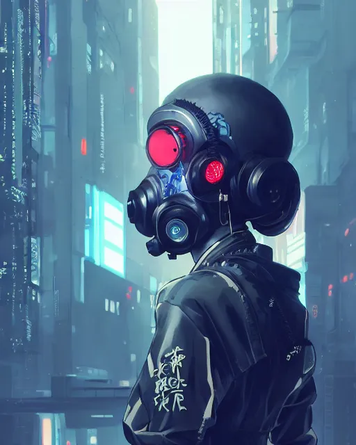 Image similar to kyoto animation, cool girl wearing cyberpunk intricate jumpsuit, respirator, detailed portrait, cell shaded, 4 k, concept art, by wlop, ilya kuvshinov, artgerm, krenz cushart, greg rutkowski, pixiv. cinematic dramatic atmosphere, sharp focus, volumetric lighting, cinematic lighting, studio quality