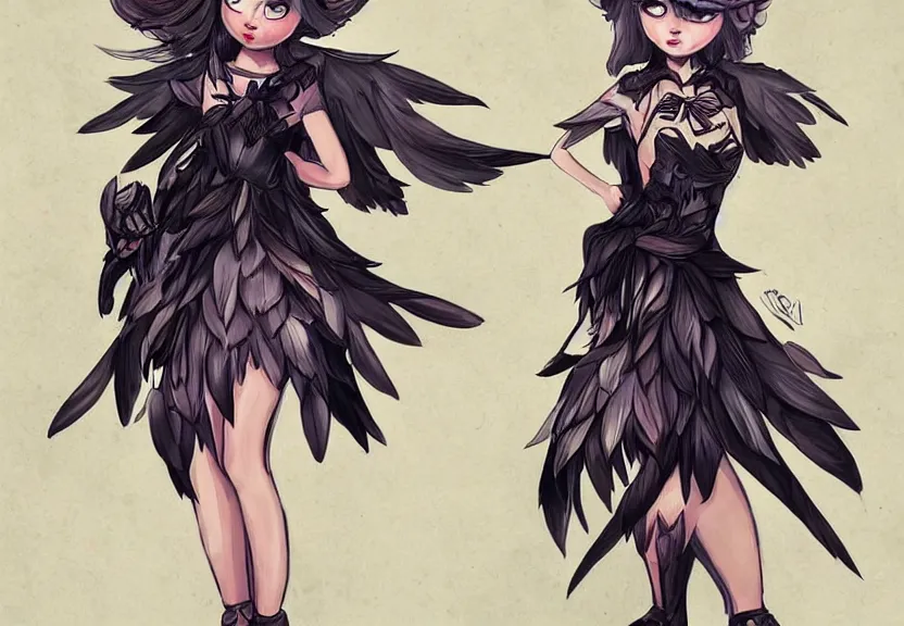 Image similar to little girl with a short black haircut wearing a dress made of black feathers, artwork in league of legends art style, anatomically perfect