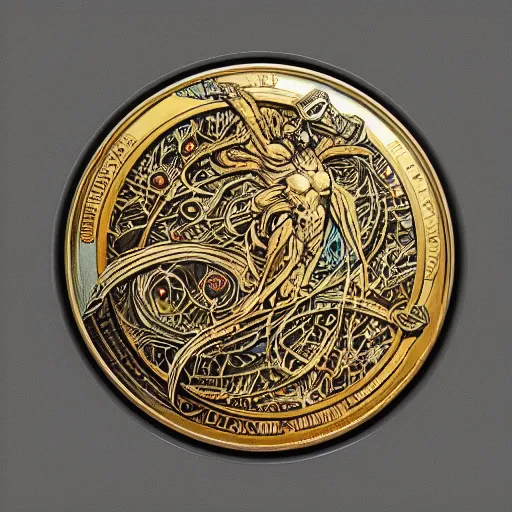 Prompt: an intricate coin, by greg rutkowski and frank frazetta and peter mohrbacher and william blake and dan mumford