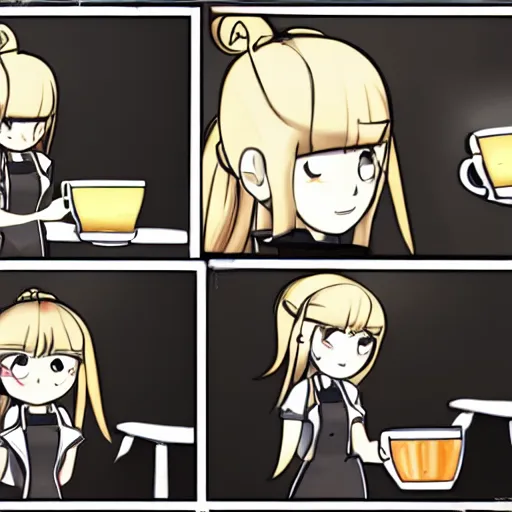 Image similar to danganronpa original character, the ultimate barista, making a latte, low lit coffee shop