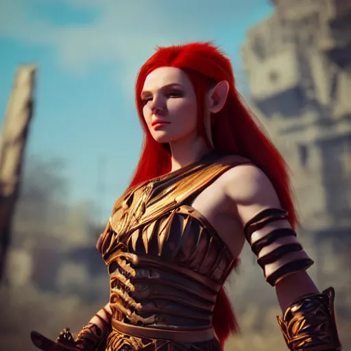 Image similar to beautiful redhead elf, warrior outfit, clash royal style characters, unreal engine 5, octane render, detailed, cinematografic, cinema 4 d