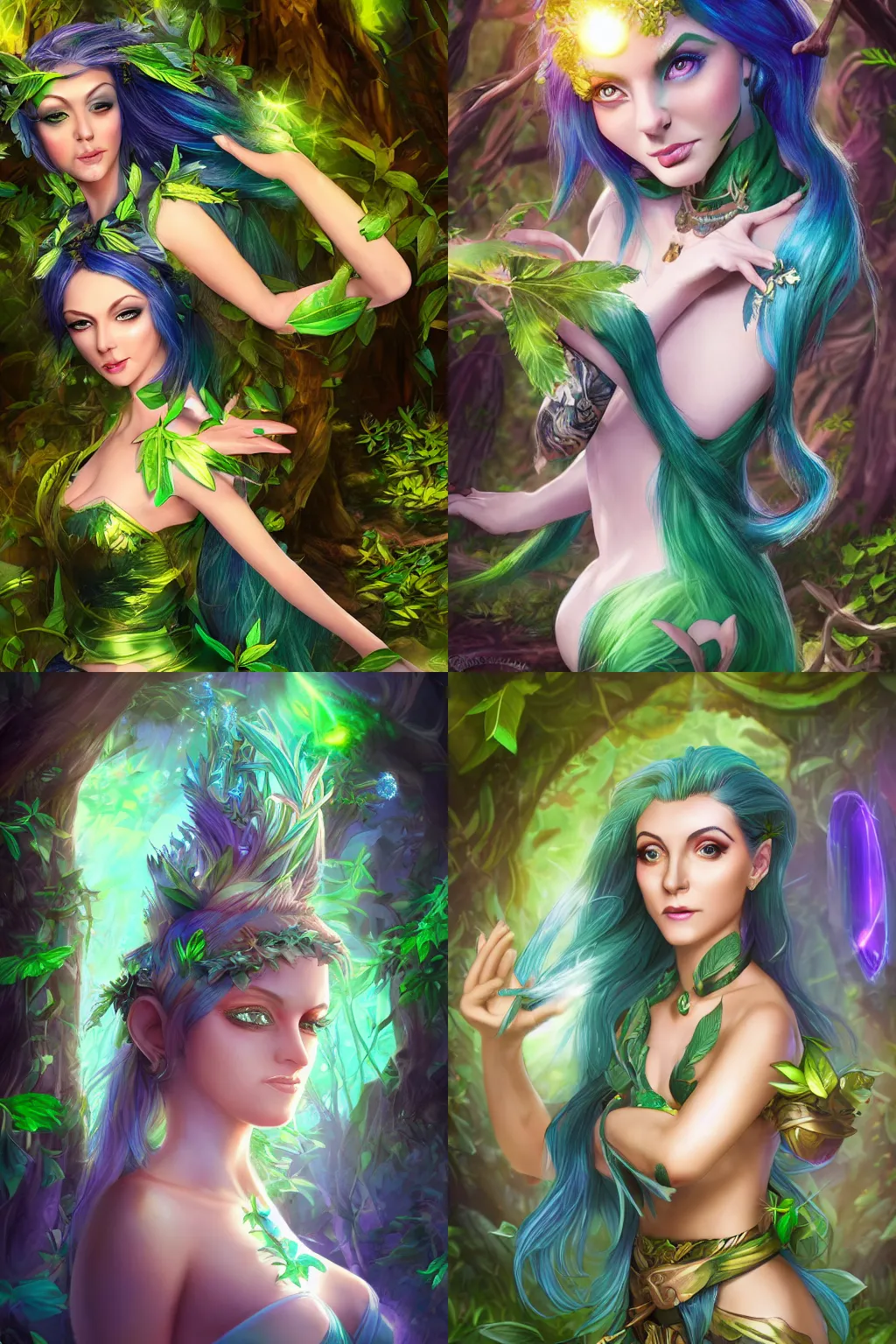 Prompt: an exotic looking female fey in the forest wearing leaf dress, blue hair emerald eyes and sunshafts, ultradetailed, beautiful, magical, soft lighting 8k, hearthstone style