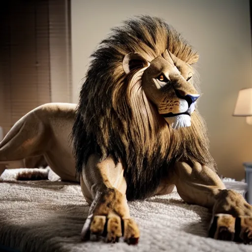 Image similar to photo of a lion beast-man cleaning his room, very detailed, intricantely detailed, psychologist, 55mm photography.