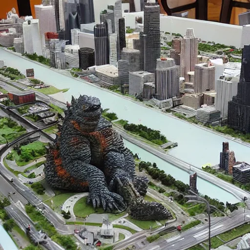 Prompt: godzilla in a miniature city model of chicago